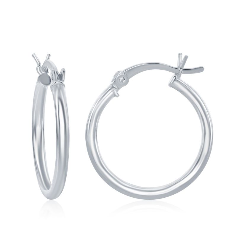 Plain Round Rhodium-plated Sterling Silver Hoop - Click Image to Close